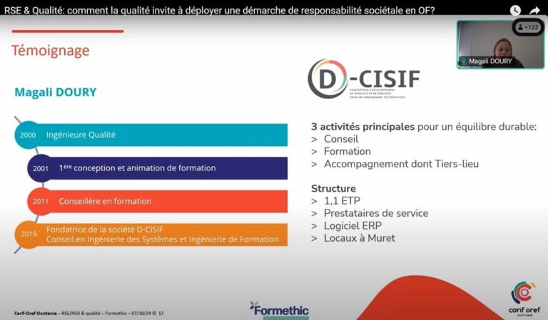 Copie d'écran du webinaire avec Magali Doury sur les démarches Qualité et RSE pour D-CISIF